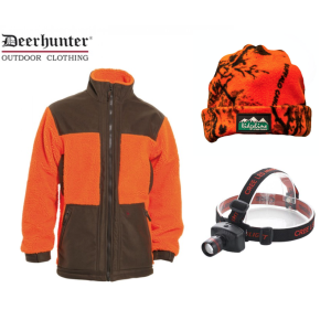 Hi-Viz Retrieve Fleece Jacket Blaze Camo Beanie and Cree Head Torch